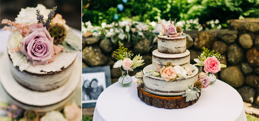 vanilla naked cake with pale purple flowers