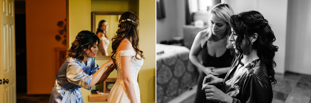 Bridesmaids helping bride get dressed and emotional reactions
