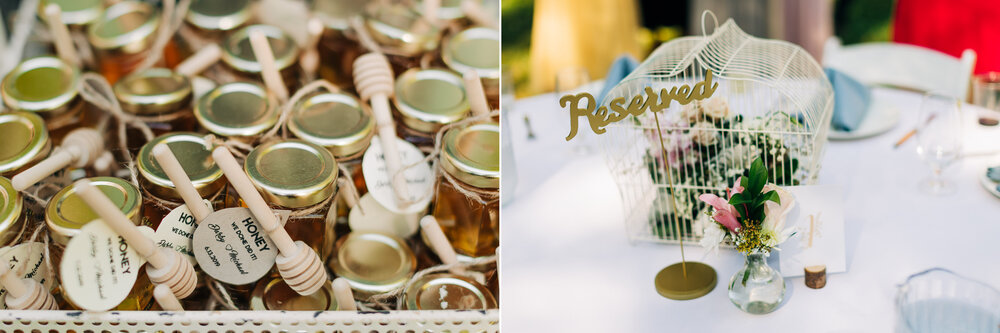 local honey jars as gifts for guests and reserved floral arrangement