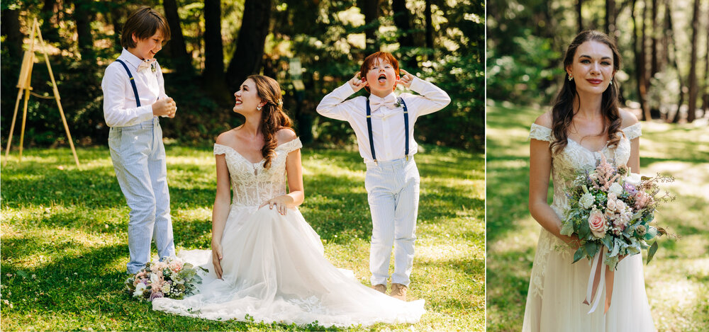 candid whimsical portrait of bride wearing lace dress laughing with ring bearers wearing linen suspenders