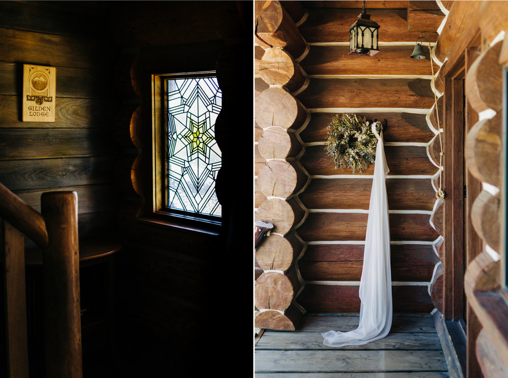 Vintage veil handing at rustic wooden lodge