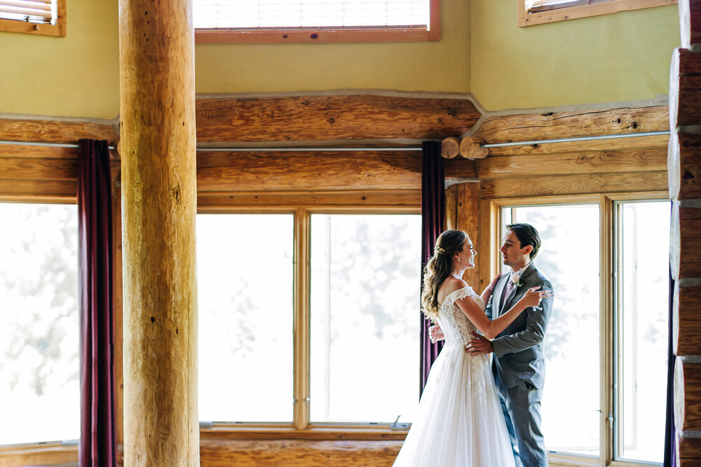 bride and groom first look at Gilden Lodge