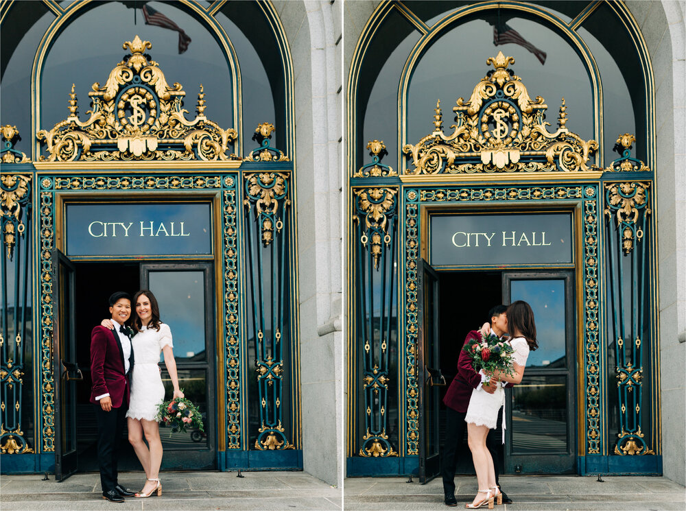 Couple standing and kissing in front of San Francisco City Hall’s gorgeous blue and gold doors