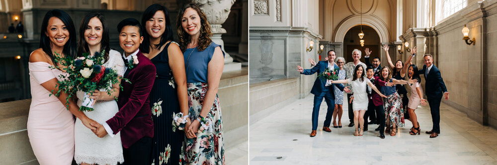 two portraits of wedding party surrounding couple on the fourth floor gallery at city hall