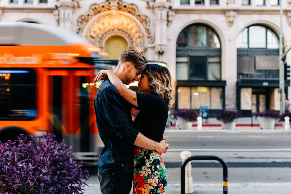 cinematic shot of couple in downtown los angeles