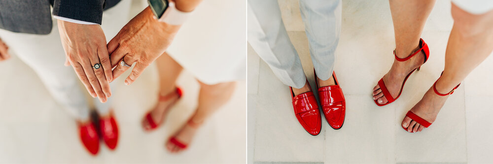 Detail shots of two hands with engagement rings and bright red shoes
