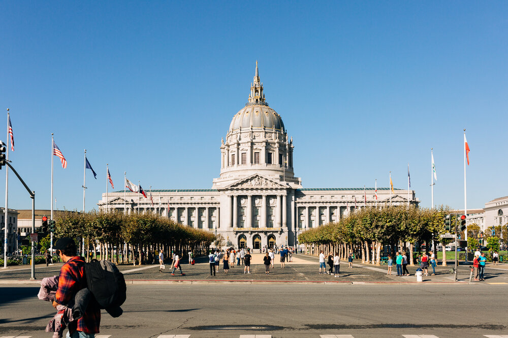 A landscape view of San Francisco City Hall on a sunny morning